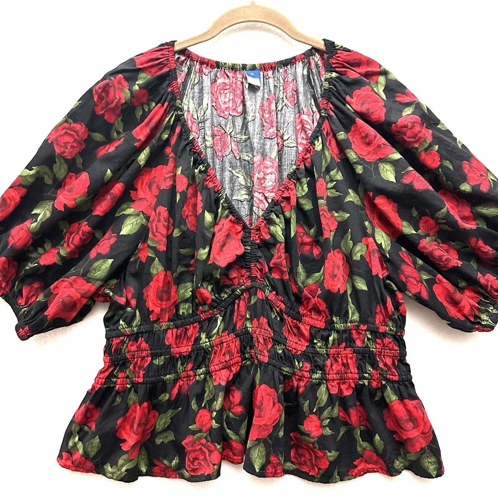 Old Navy XL Smocked Peplum Top Floral Cotton Babydoll Milkmaid Roses Puff Sleeve